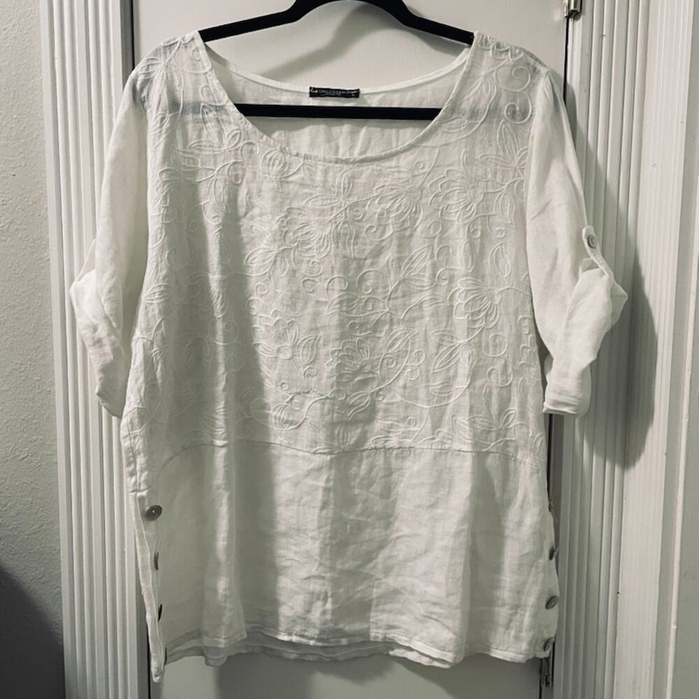 Lungo L'Arno Blouse Women's L White Linen Embroidered Shirt Roll Tab Sleeve Top